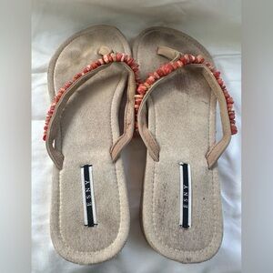 Beige ESNY Sandals with coral, peach and cream embellishments Size 8 Macys Brand